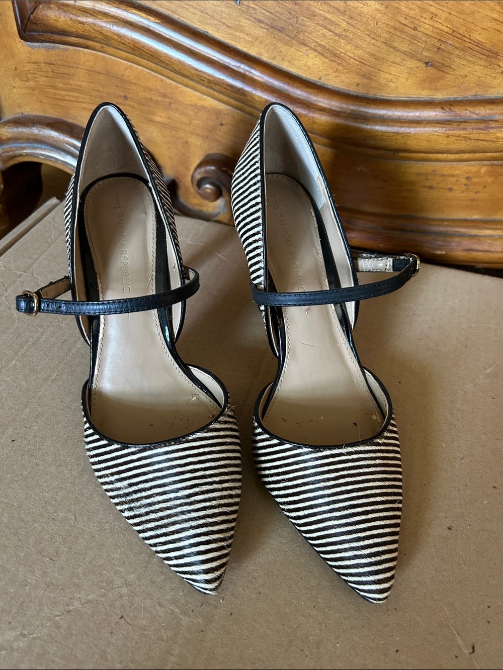 Banana Republic Black and White Striped Pointed-Toe Mary Jane Heels